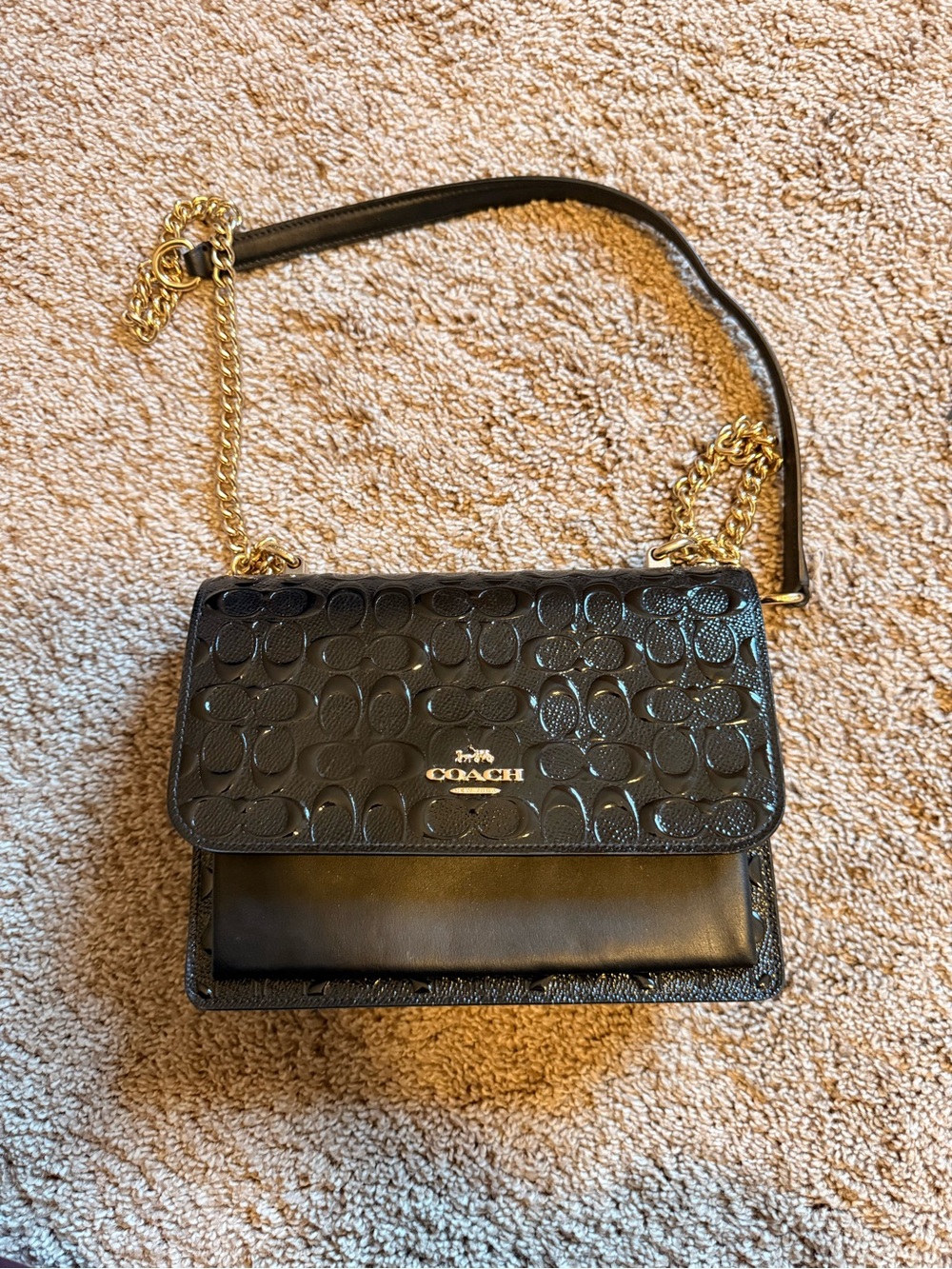 Coach Black Patent Signature Crossbody with Gold Chain